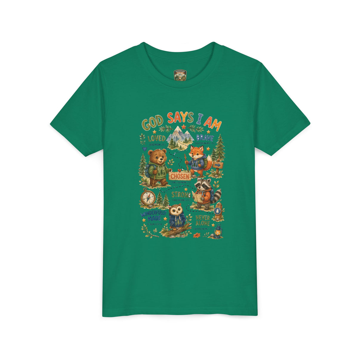 Youth Tee — "God Says I Am" Inspirational Christian Kids T‑Shirt (Loved, Brave, Strong)