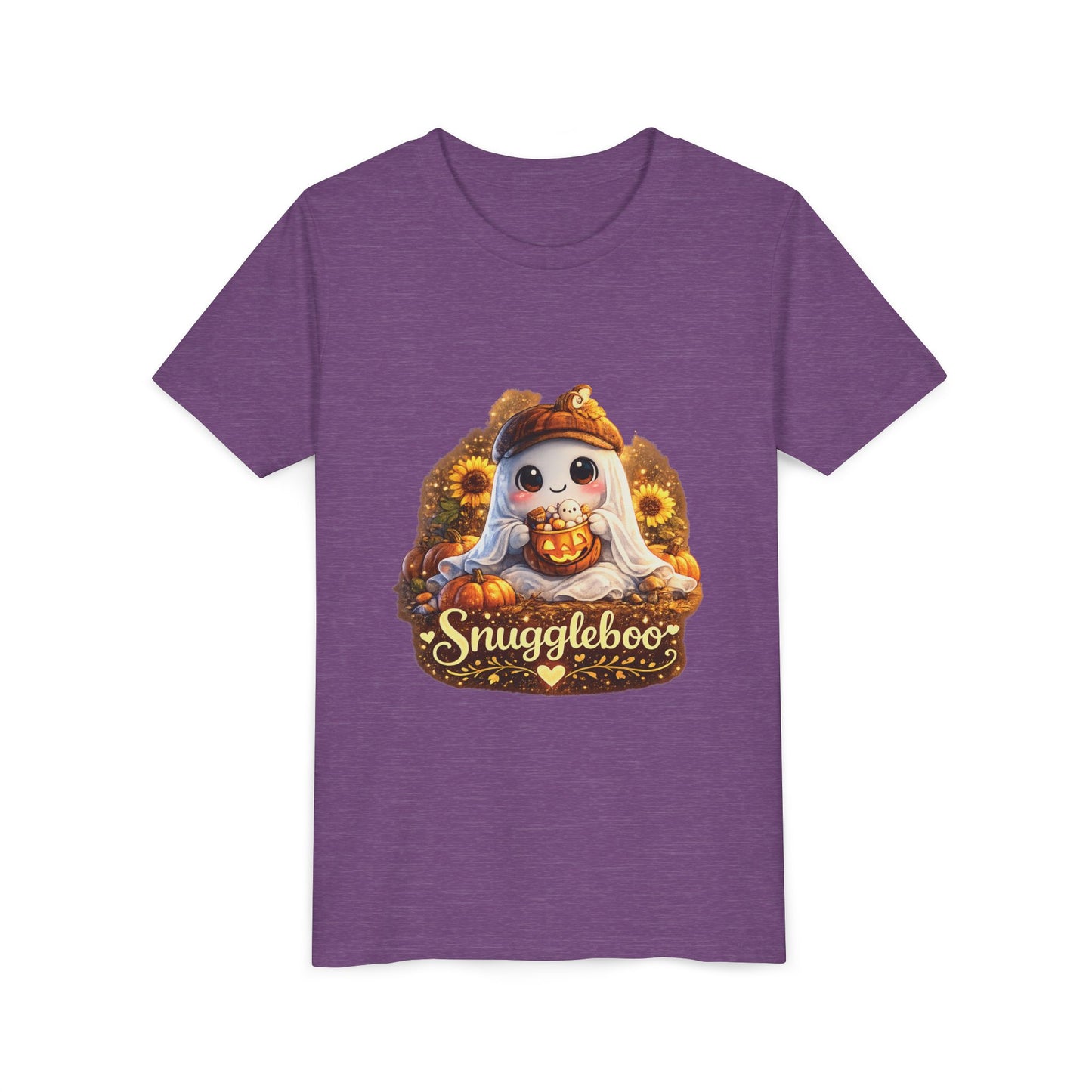 Youth Tee — Cute Fall “Snuggleboo” Pumpkin Owl with Sunflowers