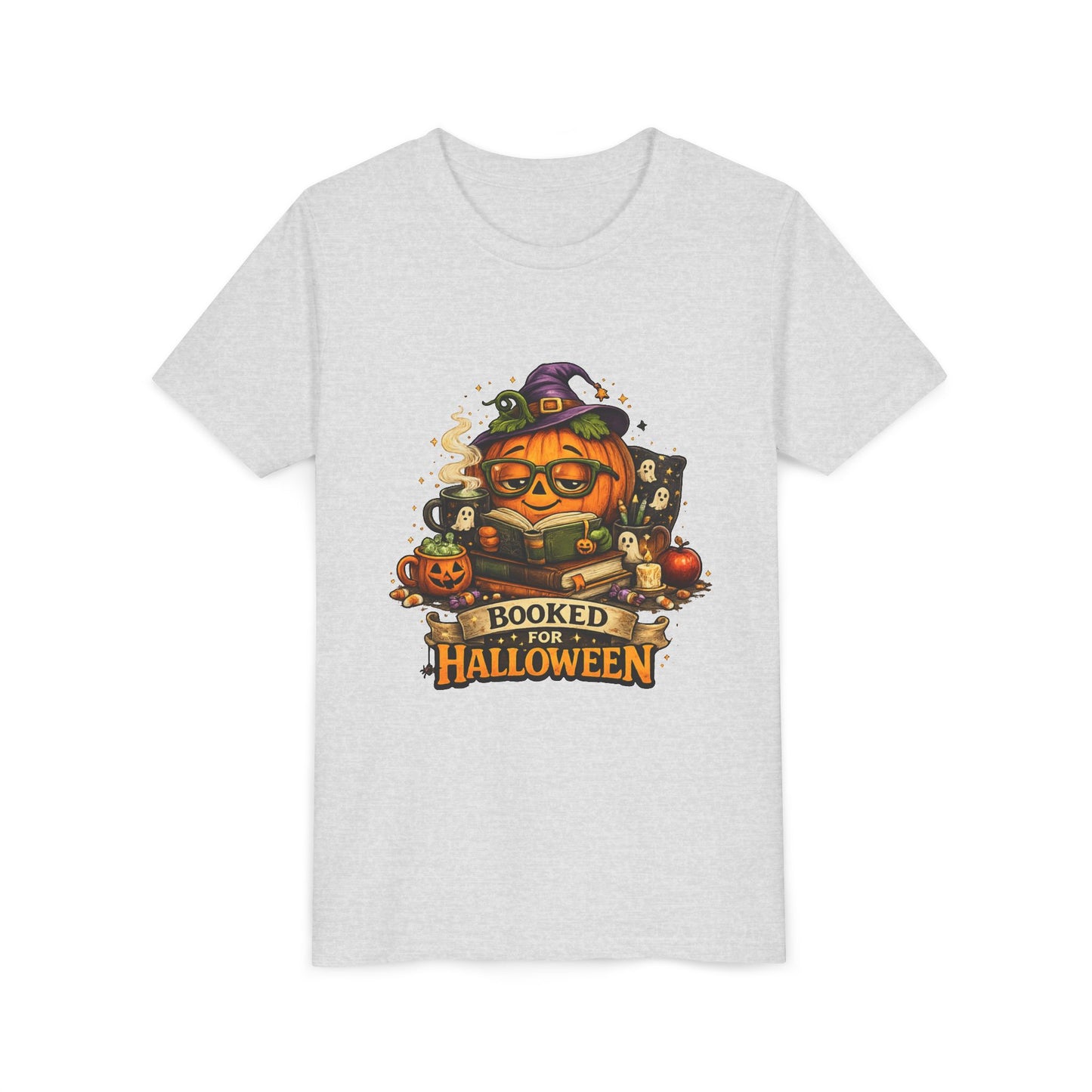 Youth T‑Shirt — "Booked for Halloween" Pumpkin Reading Graphic Tee