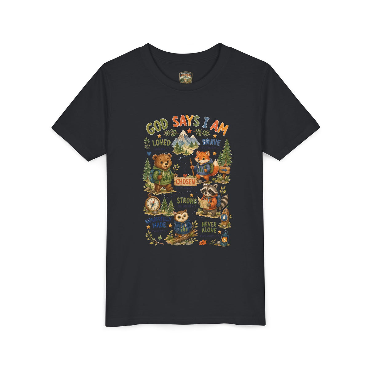 Youth Tee — "God Says I Am" Inspirational Christian Kids T‑Shirt (Loved, Brave, Strong)