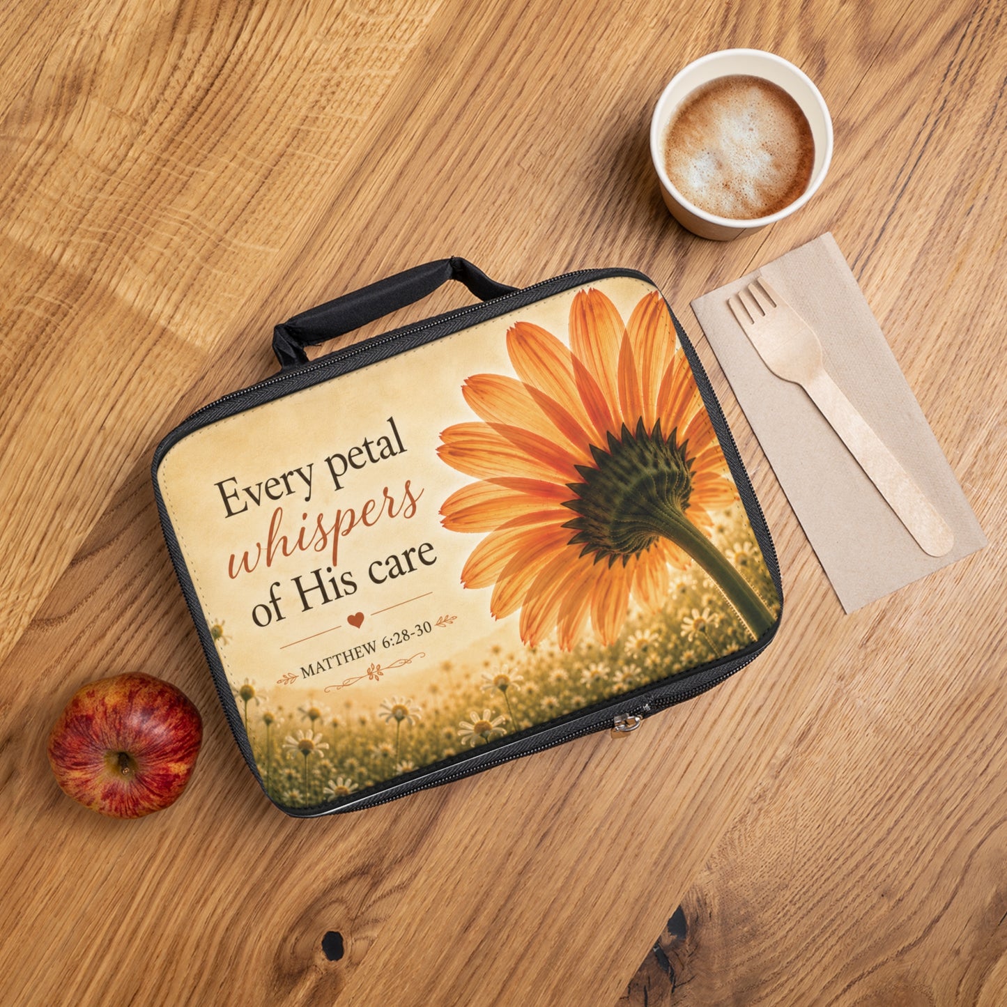 Christian Floral Lunch Bag — "Every Petal Whispers of His Care" (Matthew 6:28-30)
