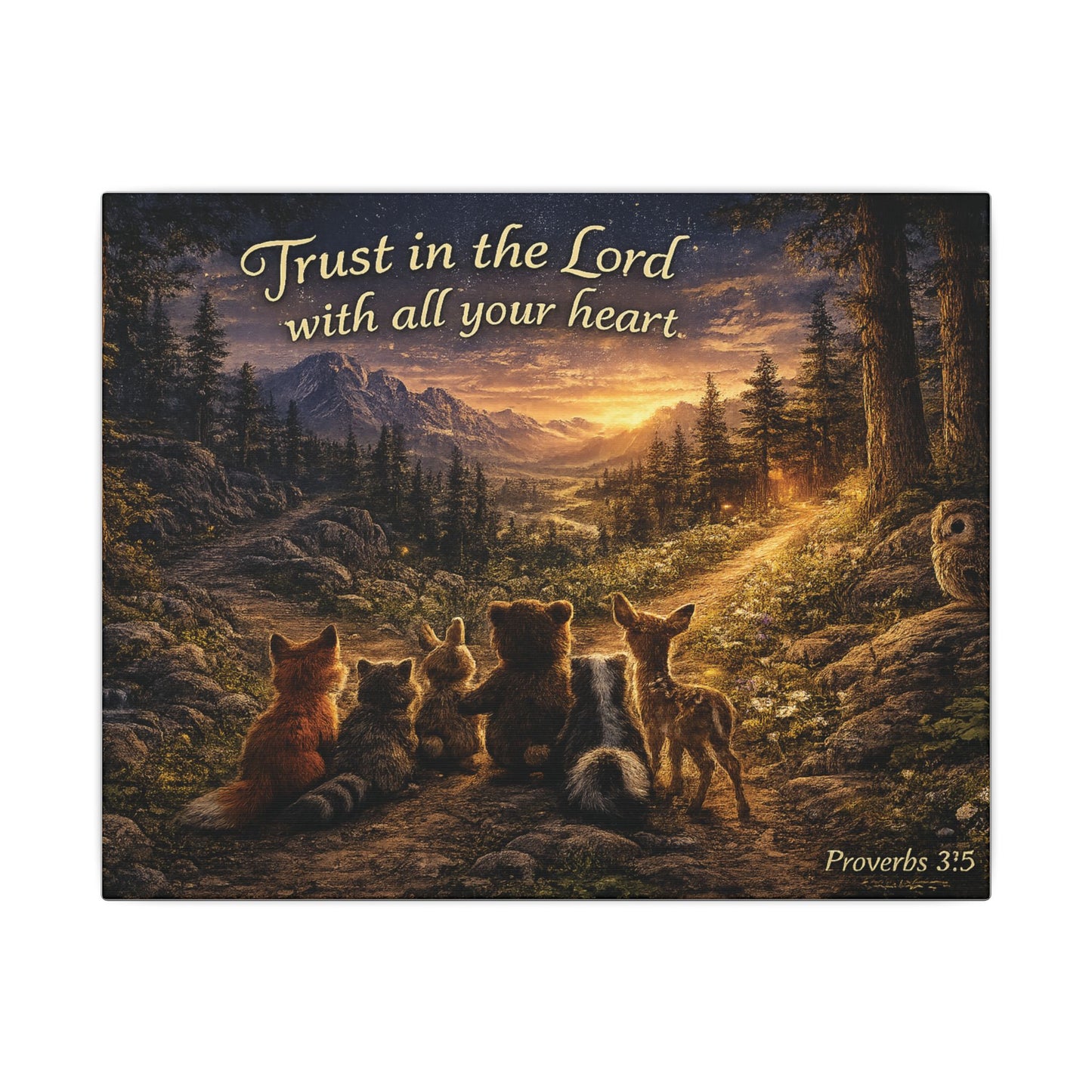 Trust in the Lord Canvas Wall Art — Proverbs 3:5 Woodland Animal Sunset