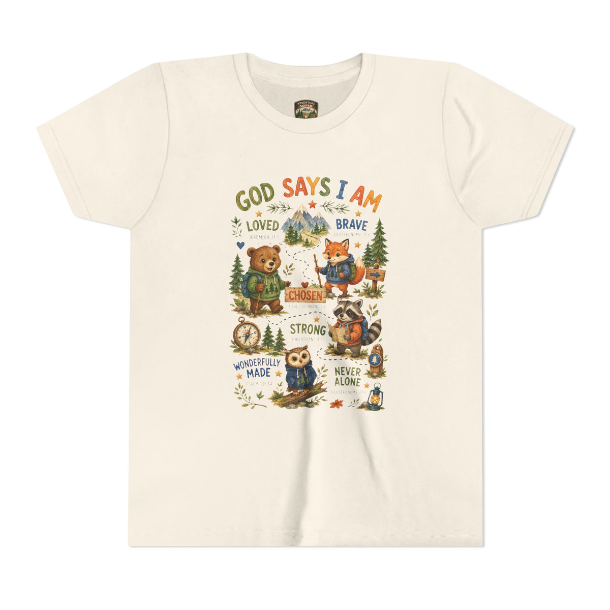 Youth Tee — "God Says I Am" Inspirational Christian Kids T‑Shirt (Loved, Brave, Strong)