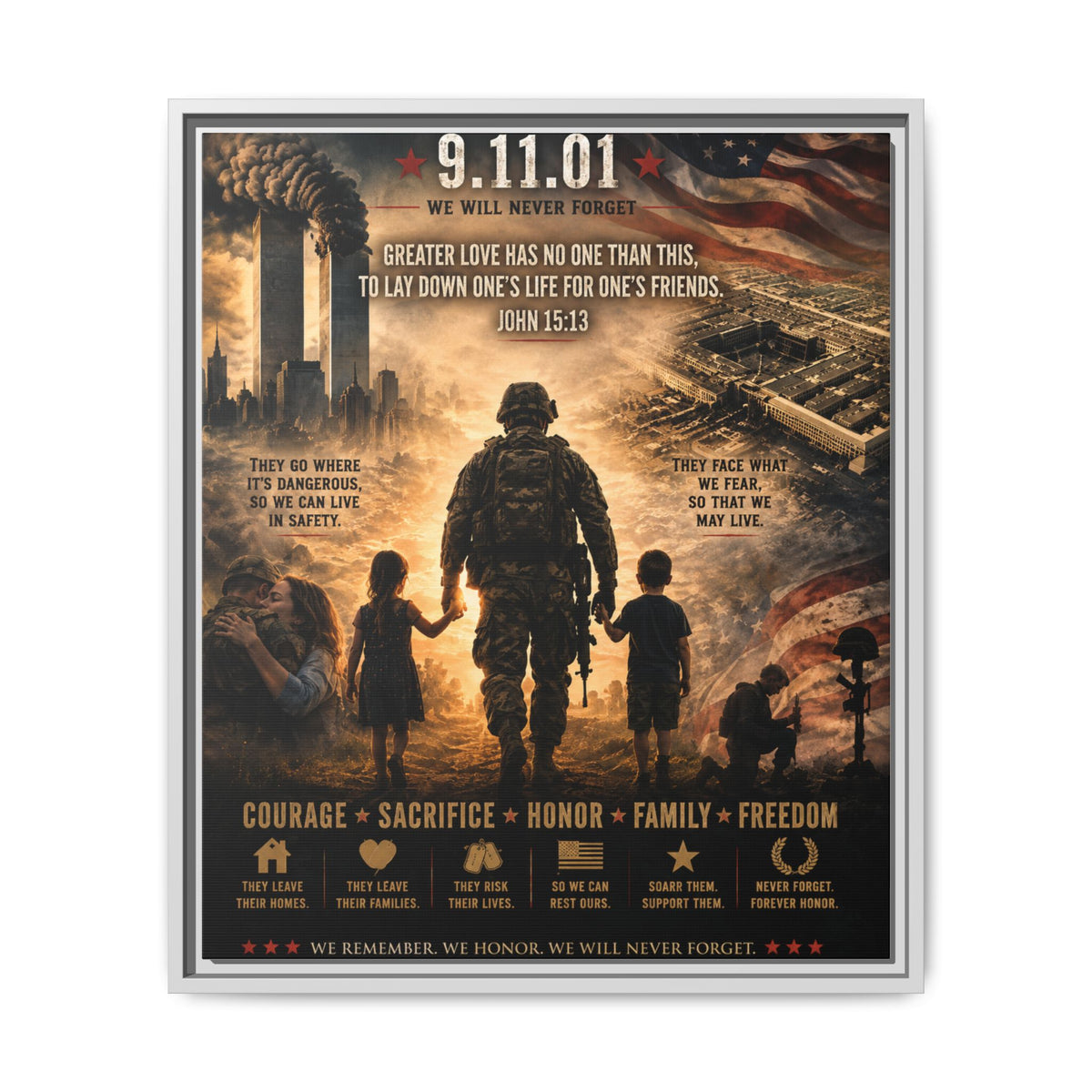 We Will Never Forget – 9/11 25th Anniversary Military & Family Memorial Framed Canvas