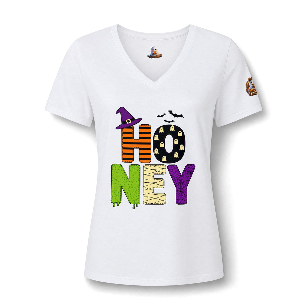 Honey Halloween V‑Neck Tee — 'HONEY' Cute Spooky Pumpkin Ghost Graphic