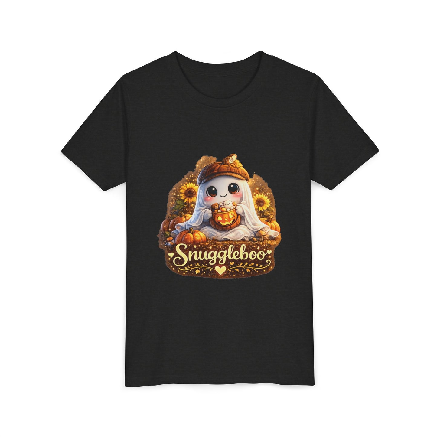 Youth Tee — Cute Fall “Snuggleboo” Pumpkin Owl with Sunflowers