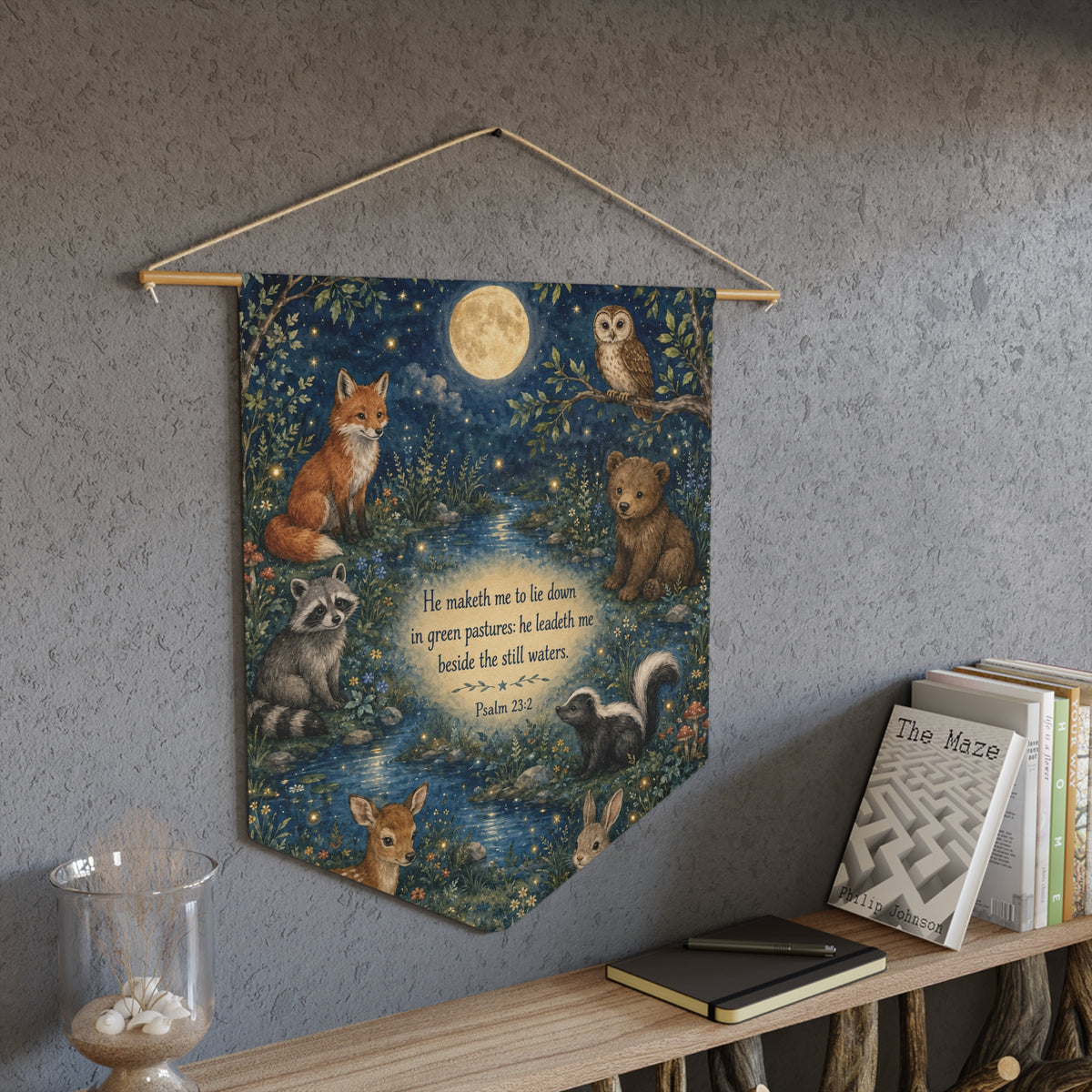 Woodland Night Pennant — "He maketh me to lie down" Psalm 23:2 Wall Banner