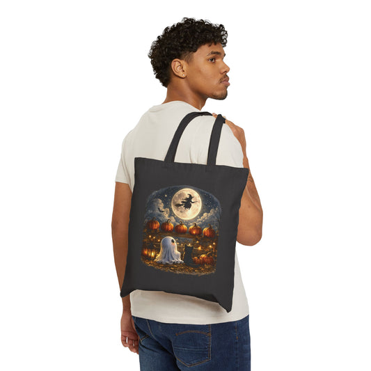 Halloween Night Tote — Ghost, Jack-o’-Lanterns & Witch Moon Canvas Tote Bag