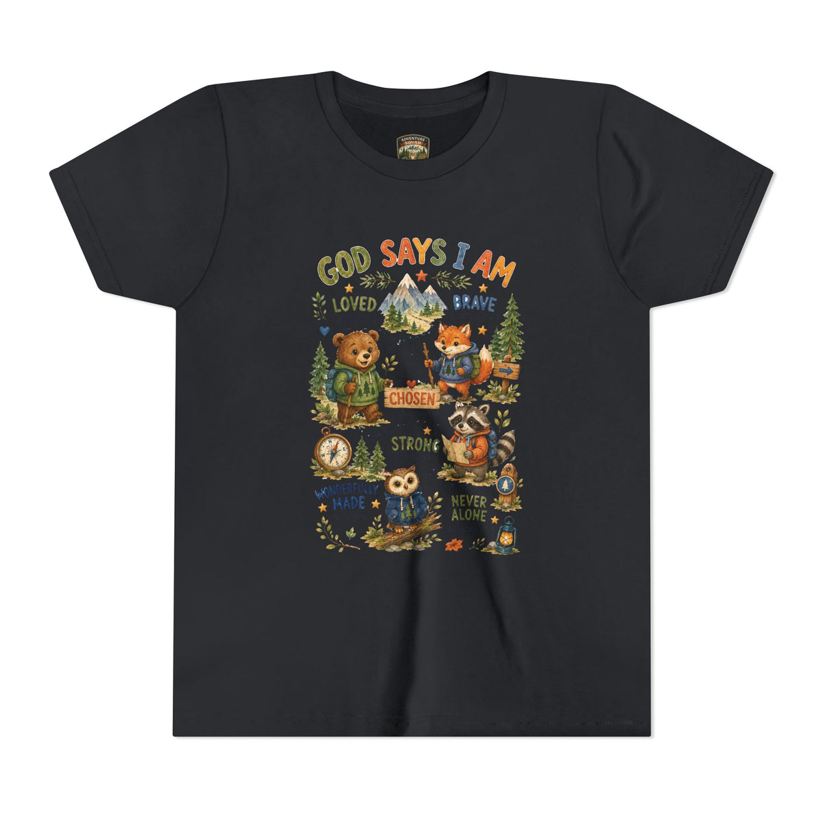 Youth Tee — "God Says I Am" Inspirational Christian Kids T‑Shirt (Loved, Brave, Strong)