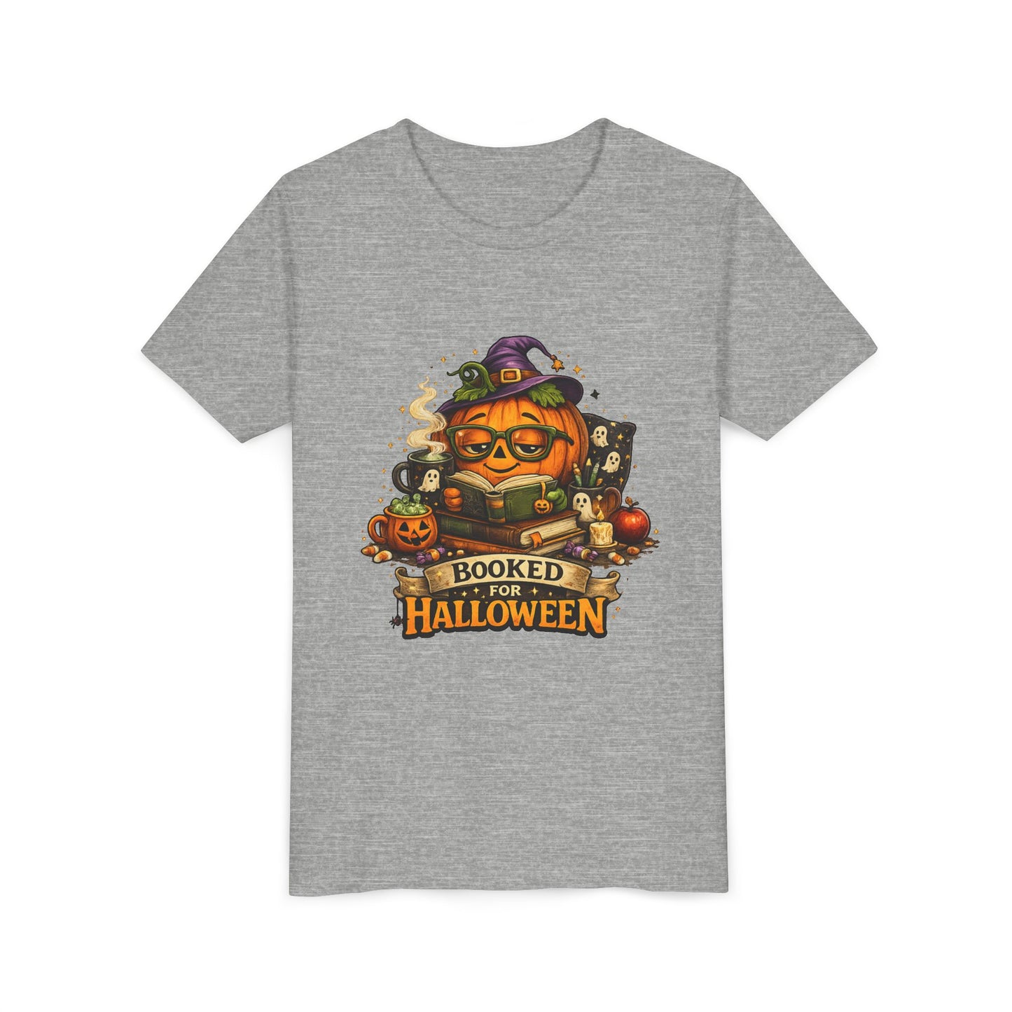 Youth T‑Shirt — "Booked for Halloween" Pumpkin Reading Graphic Tee