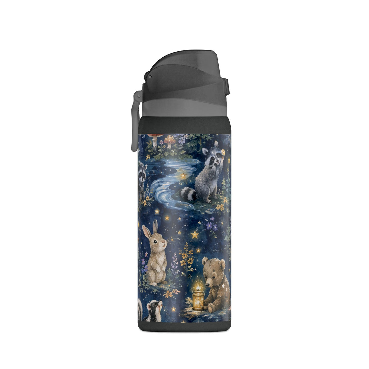 Insulated Water Bottle — Nighttime Forest Animals 32oz (Moon, Raccoon, Bunny)