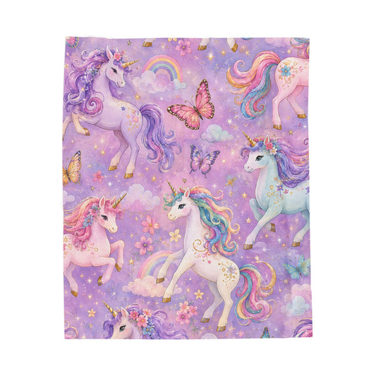 Unicorn Velveteen Plush Blanket – Pastel Rainbow Magical Unicorn Throw for Kids