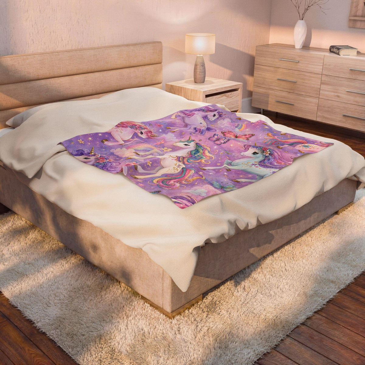 Unicorn Velveteen Plush Blanket – Pastel Rainbow Magical Unicorn Throw for Kids