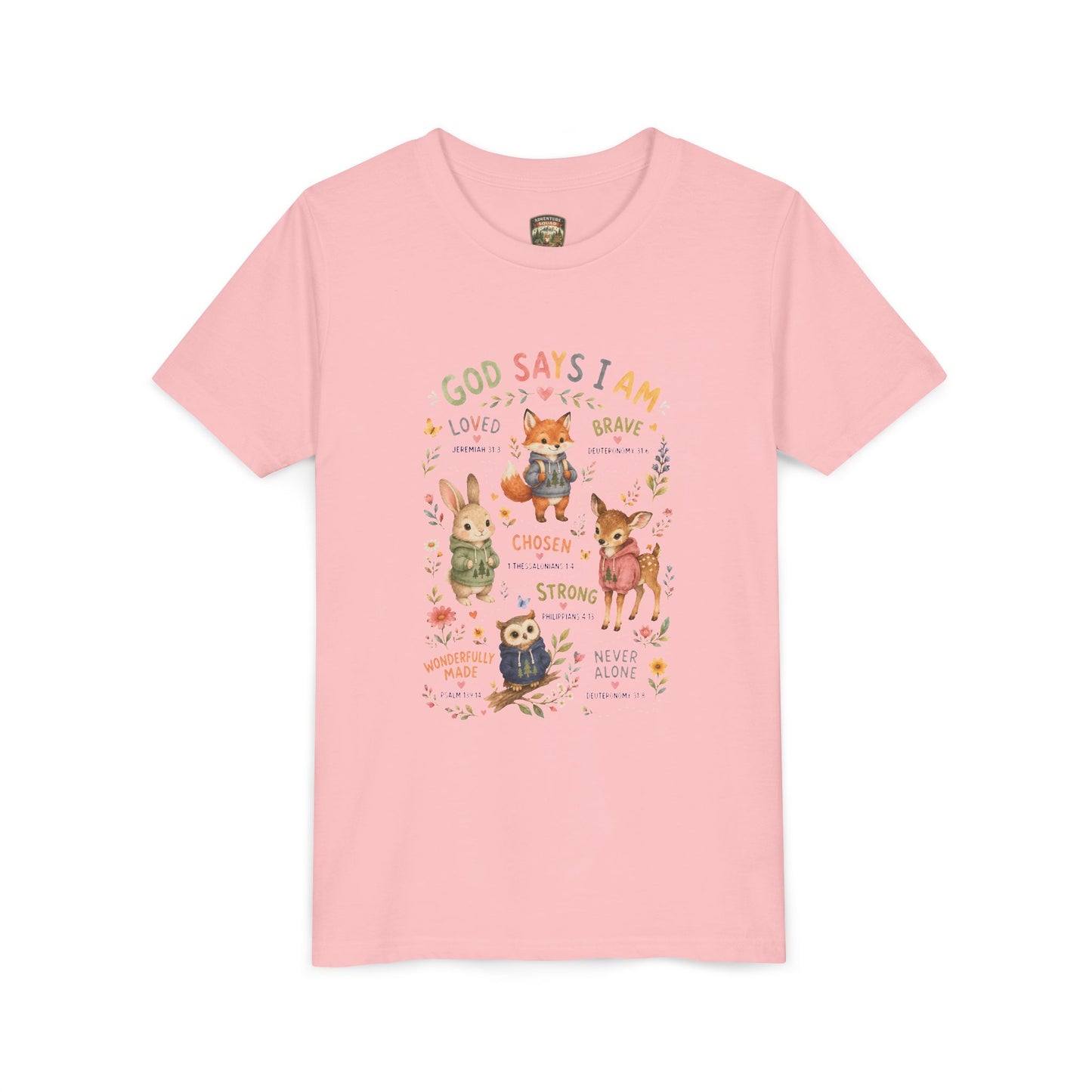 Christian Kids T-Shirt — "God Says I Am" Woodland Animals Inspirational Youth Tee