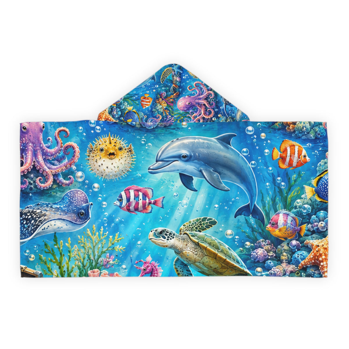 Kids Ocean Hooded Towel – Dolphin, Turtle & Colorful Sea Life