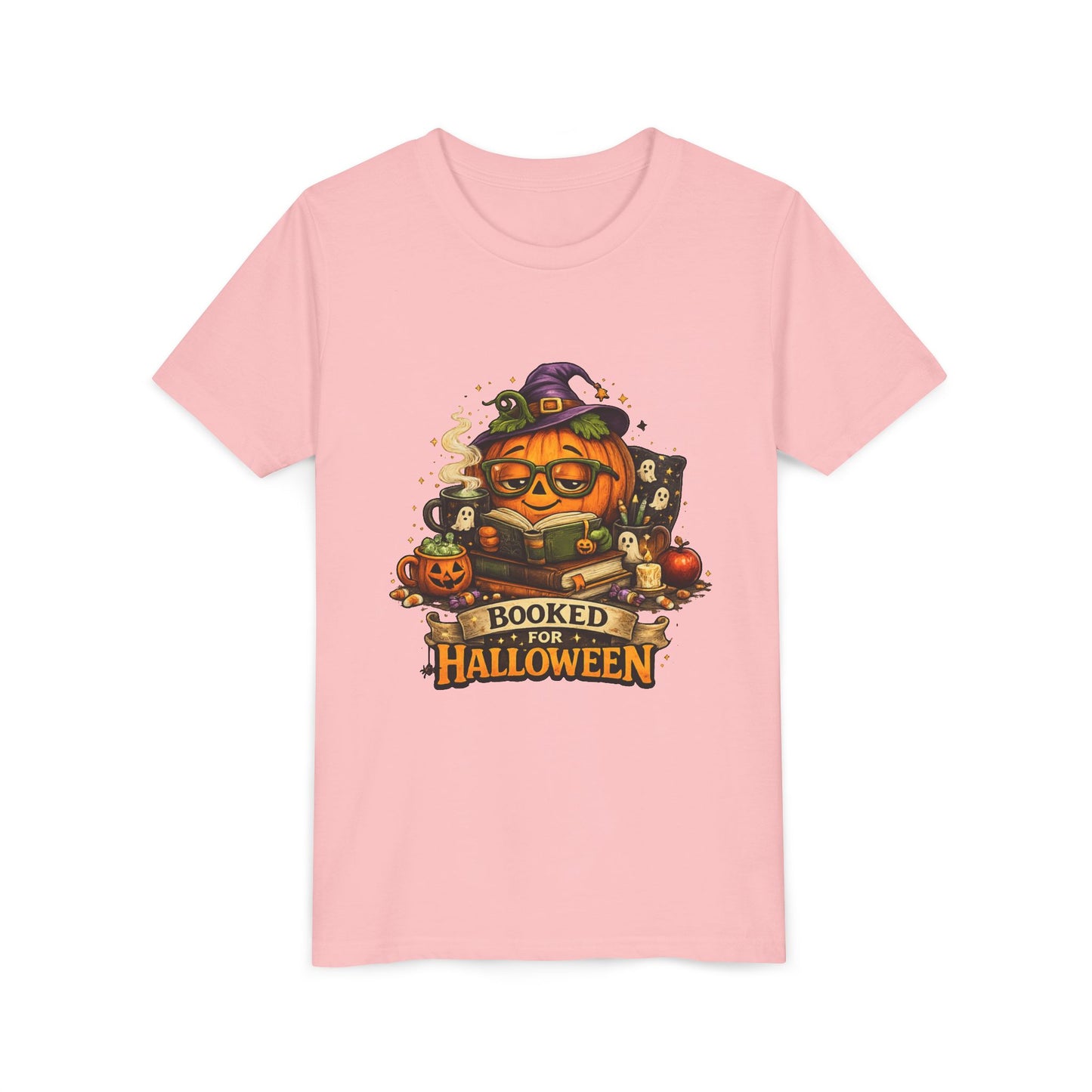Youth T‑Shirt — "Booked for Halloween" Pumpkin Reading Graphic Tee