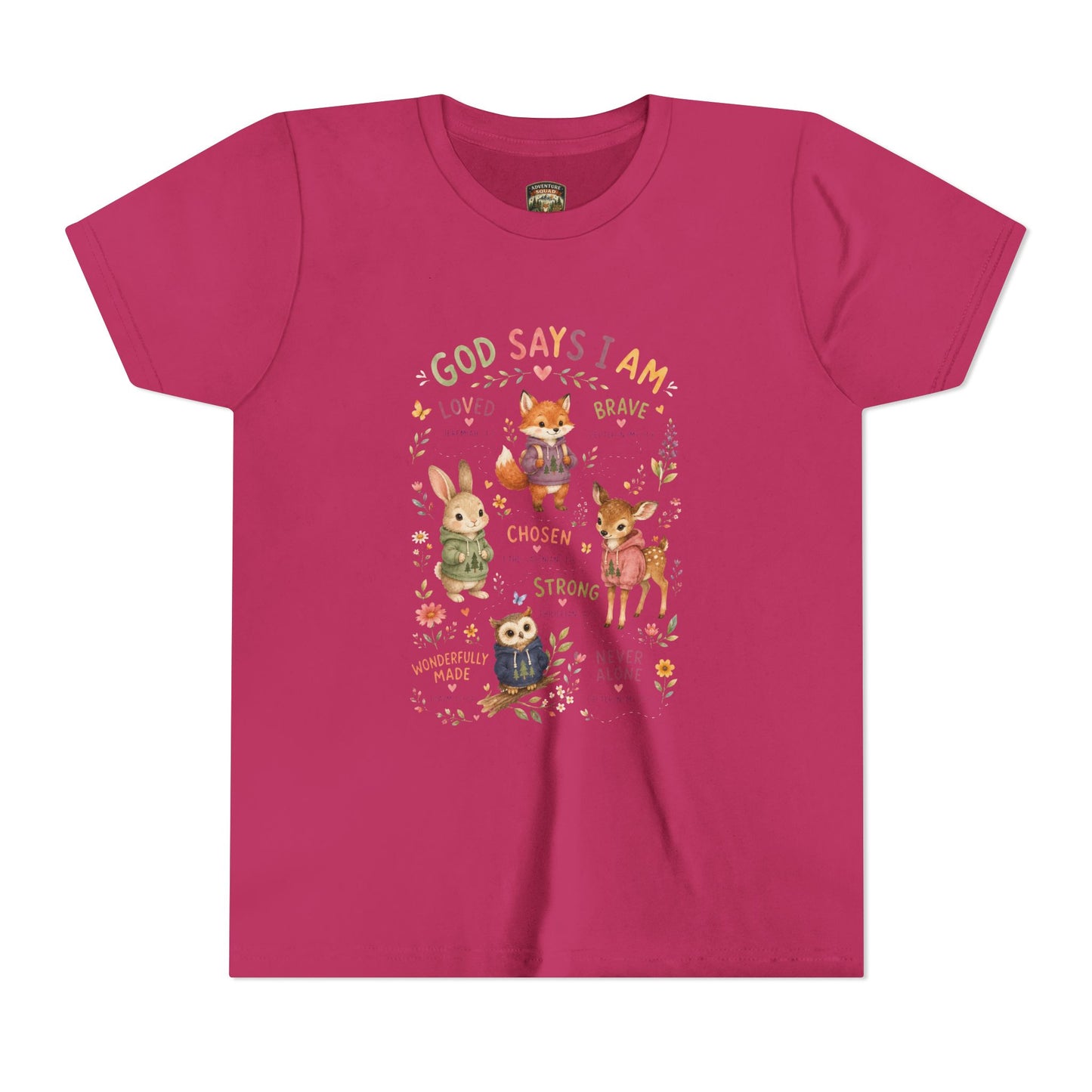 Christian Kids T-Shirt — "God Says I Am" Woodland Animals Inspirational Youth Tee