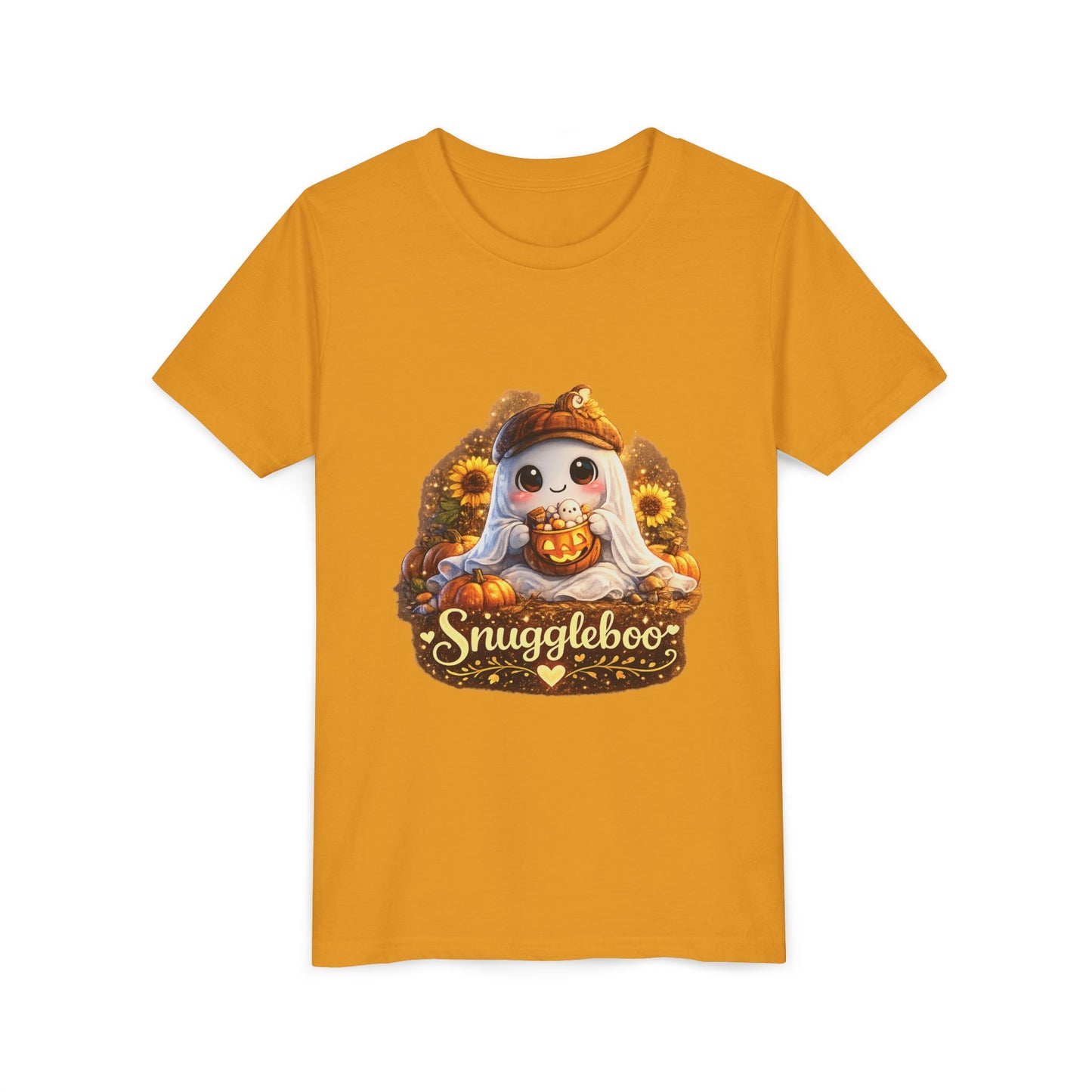 Youth Tee — Cute Fall “Snuggleboo” Pumpkin Owl with Sunflowers