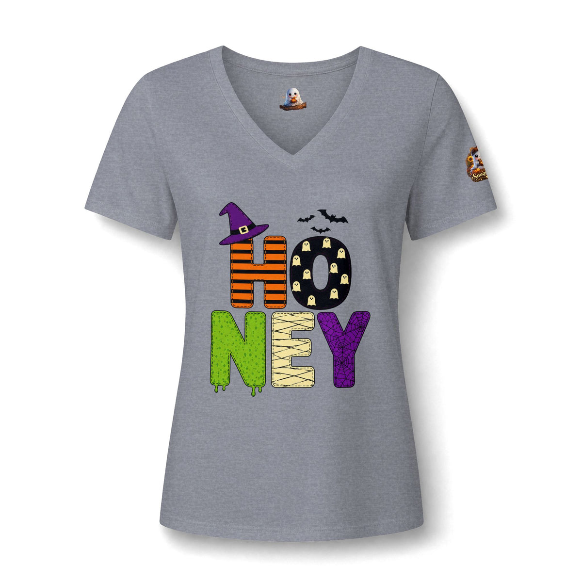 Honey Halloween V‑Neck Tee — 'HONEY' Cute Spooky Pumpkin Ghost Graphic