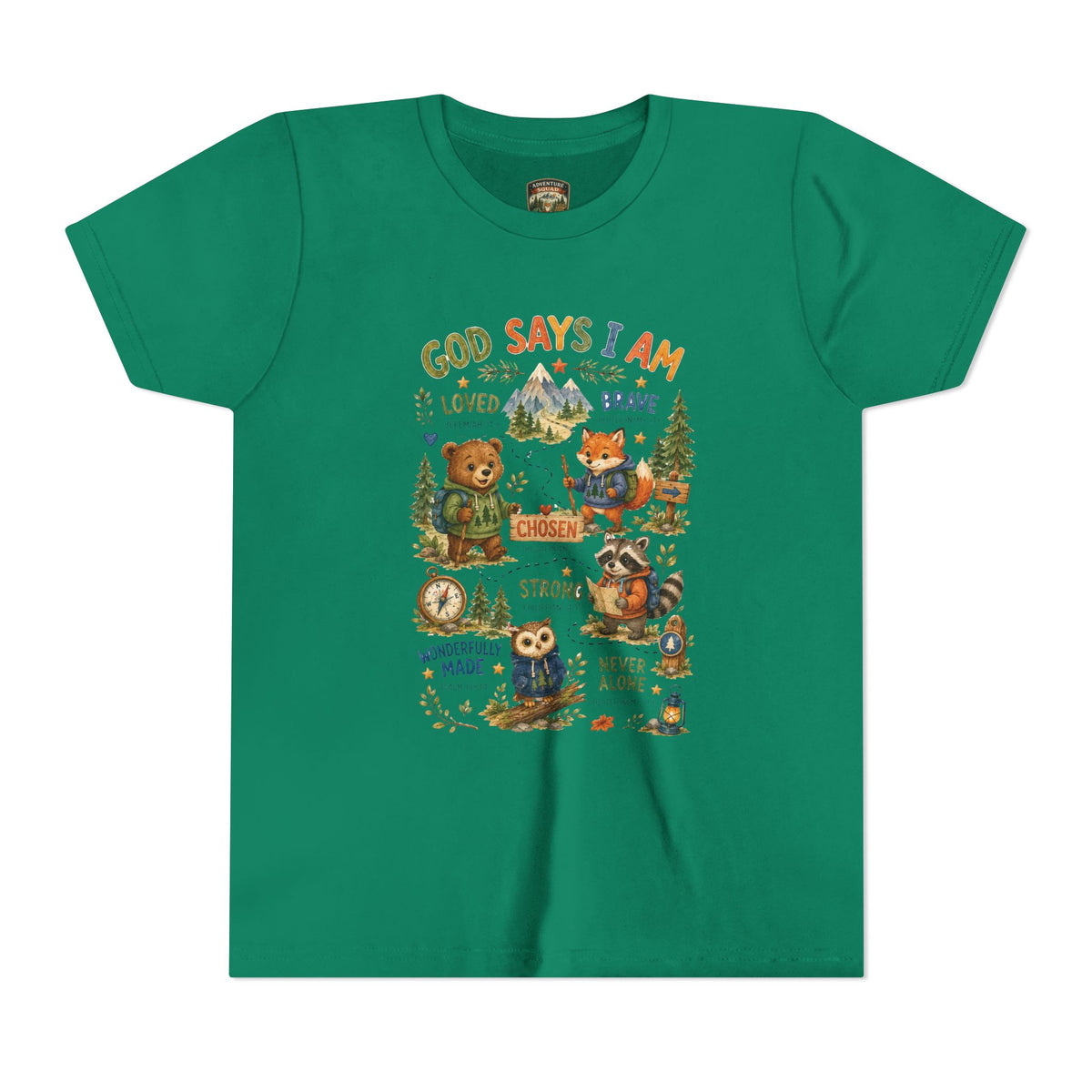 Youth Tee — "God Says I Am" Inspirational Christian Kids T‑Shirt (Loved, Brave, Strong)
