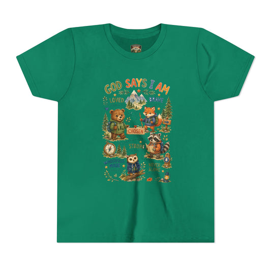 Youth Tee — "God Says I Am" Inspirational Christian Kids T‑Shirt (Loved, Brave, Strong)