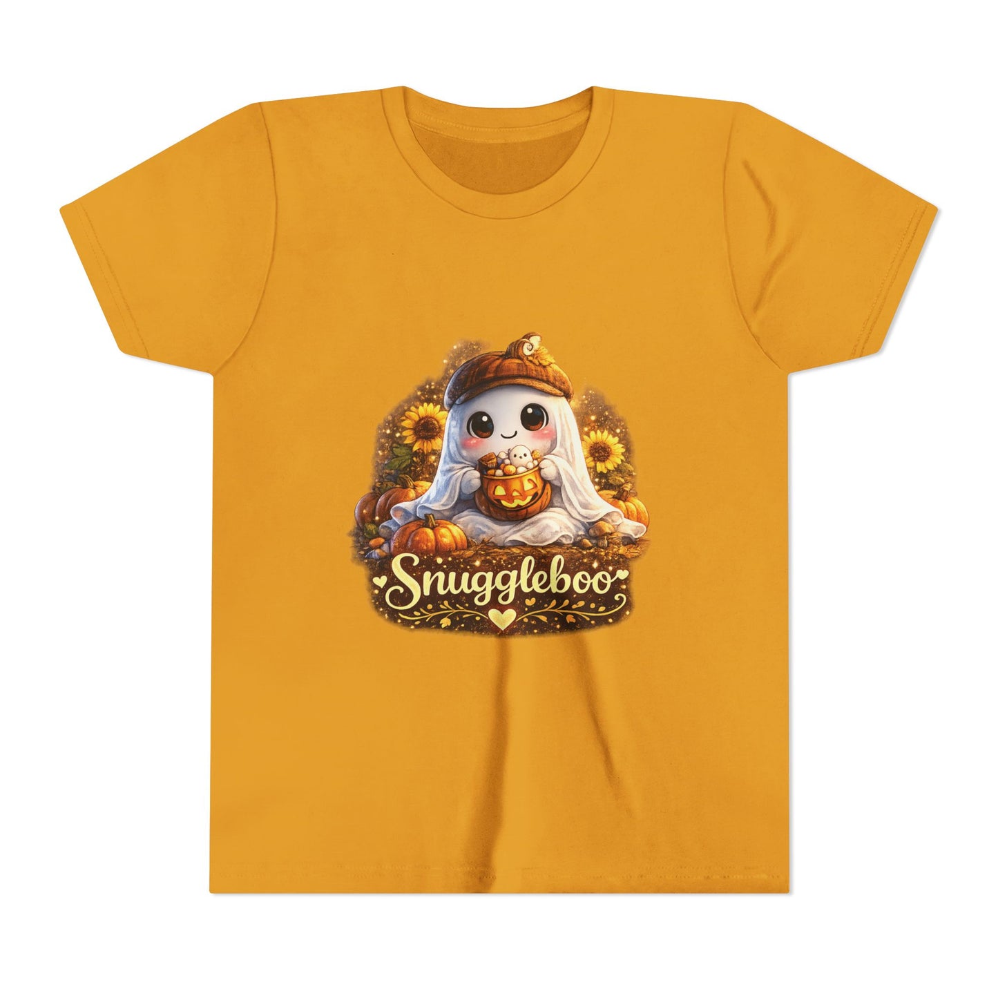 Youth Tee — Cute Fall “Snuggleboo” Pumpkin Owl with Sunflowers