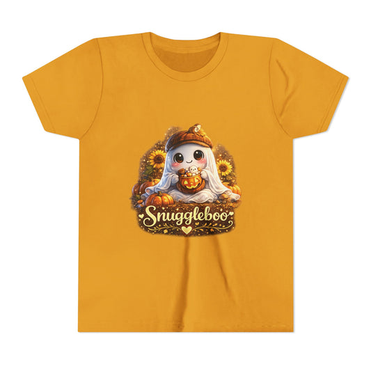 Youth Tee — Cute Fall “Snuggleboo” Pumpkin Owl with Sunflowers