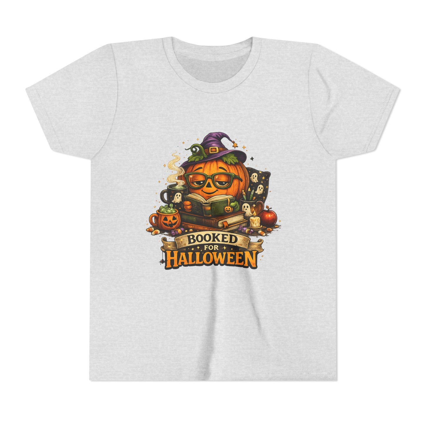 Youth T‑Shirt — "Booked for Halloween" Pumpkin Reading Graphic Tee