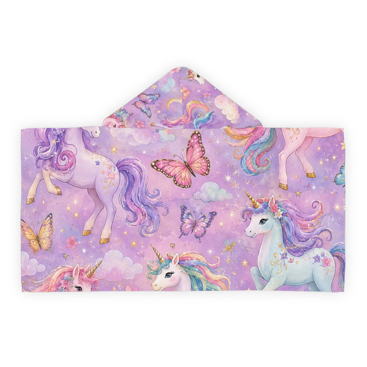 Unicorn Hooded Towel for Kids — Pastel Butterflies & Magical Ponies