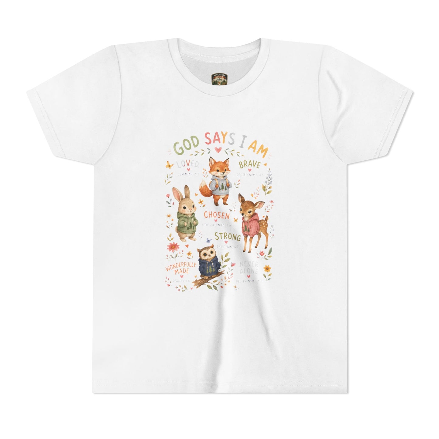 Christian Kids T-Shirt — "God Says I Am" Woodland Animals Inspirational Youth Tee