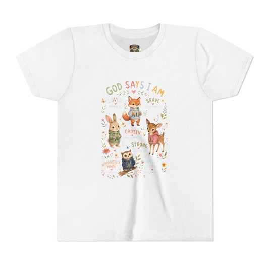 Christian Kids T-Shirt — "God Says I Am" Woodland Animals Inspirational Youth Tee