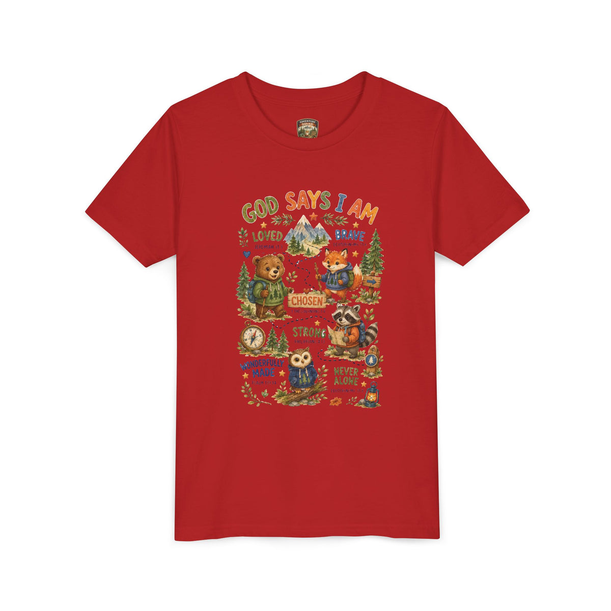 Youth Tee — "God Says I Am" Inspirational Christian Kids T‑Shirt (Loved, Brave, Strong)