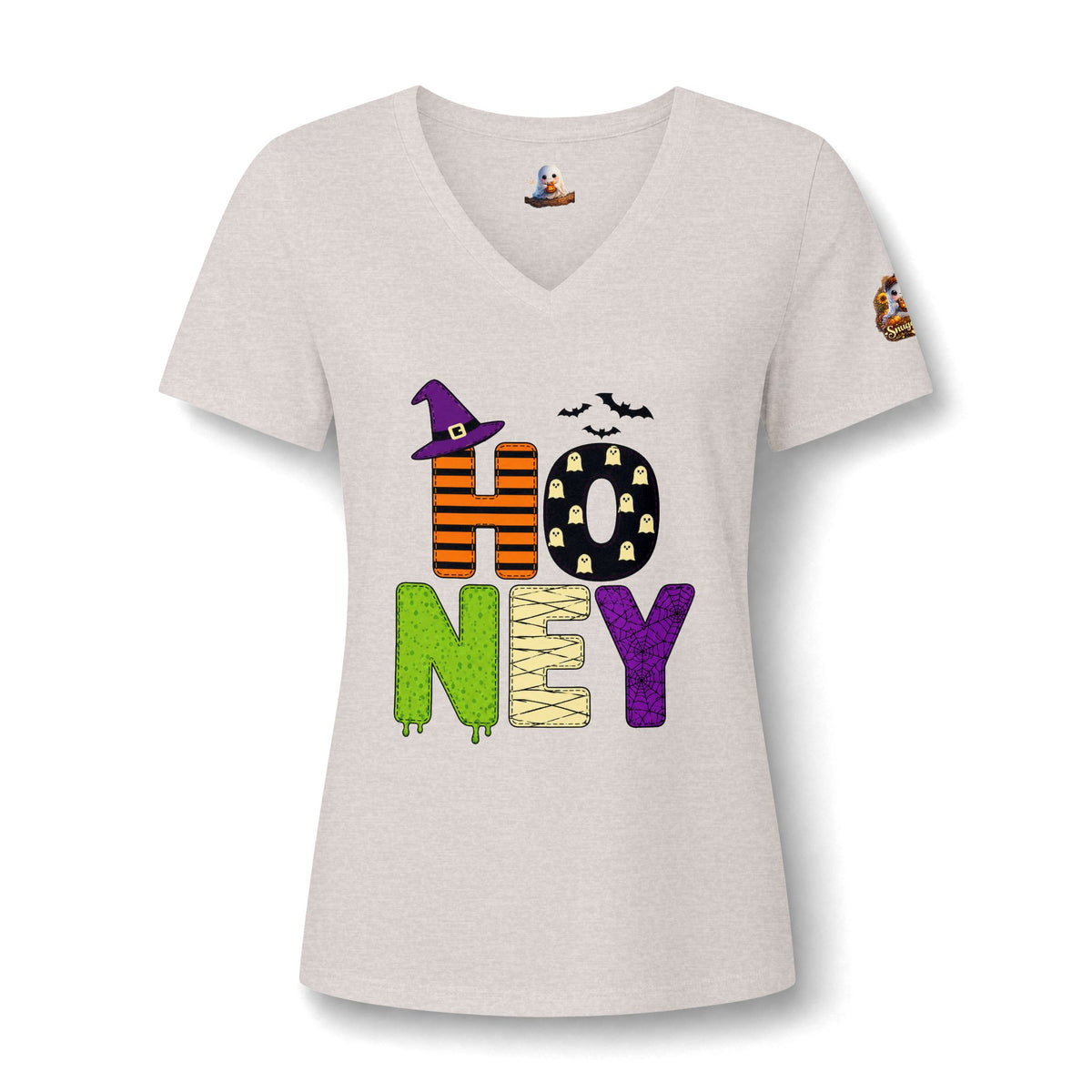 Honey Halloween V‑Neck Tee — 'HONEY' Cute Spooky Pumpkin Ghost Graphic