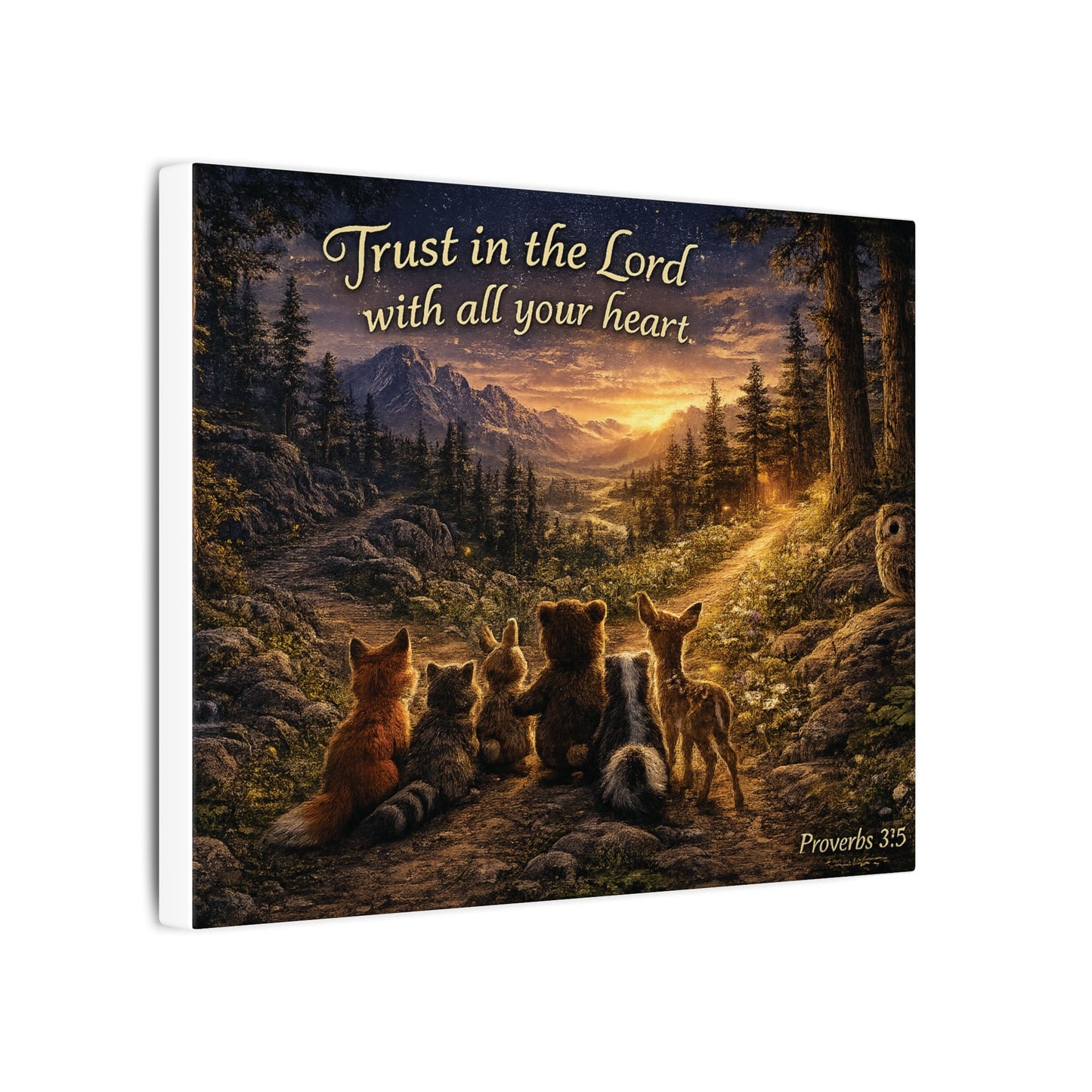 Trust in the Lord Canvas Wall Art — Proverbs 3:5 Woodland Animal Sunset