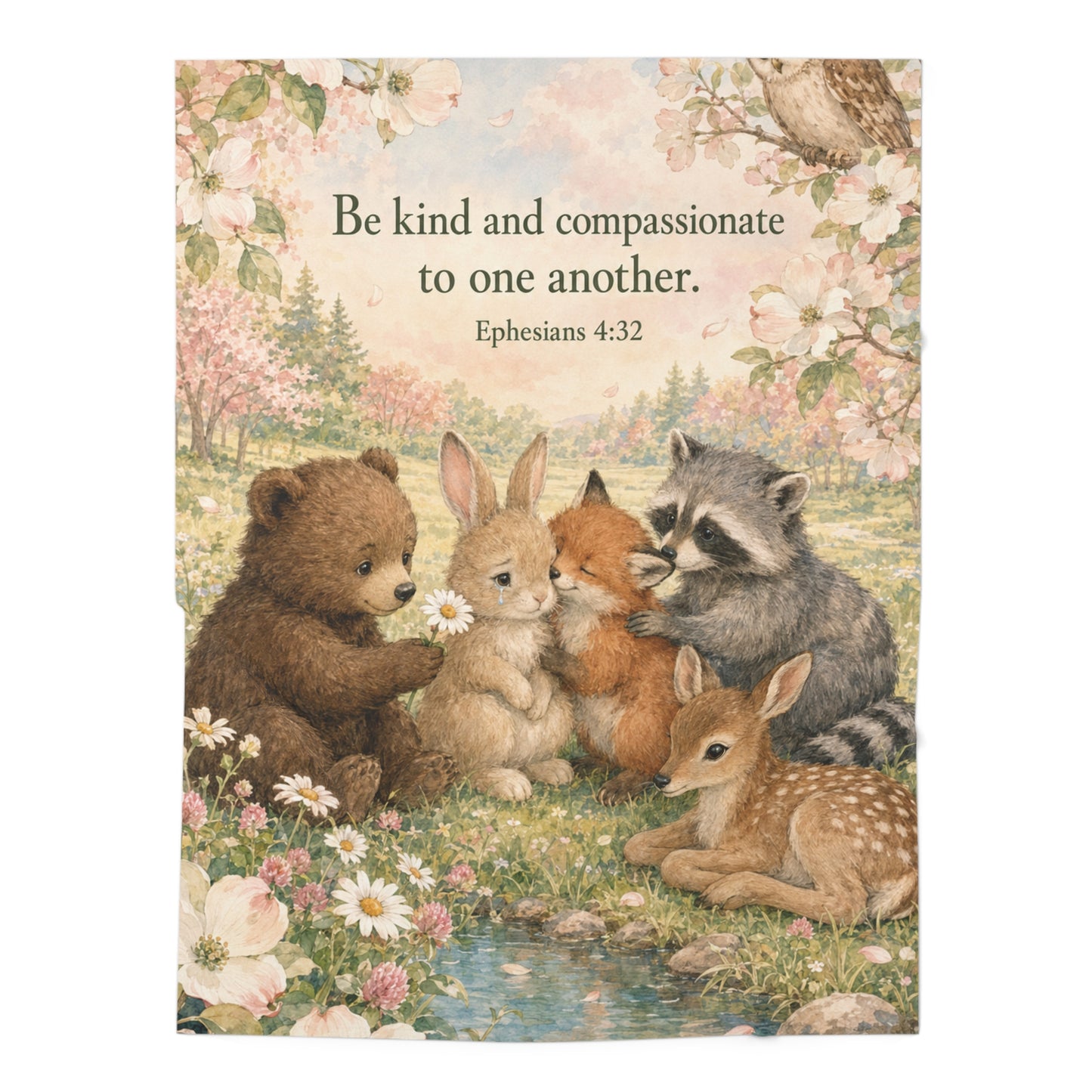 Baby Swaddle Blanket — "Be Kind and Compassionate to One Another" Christian Woodland Animals Swaddle