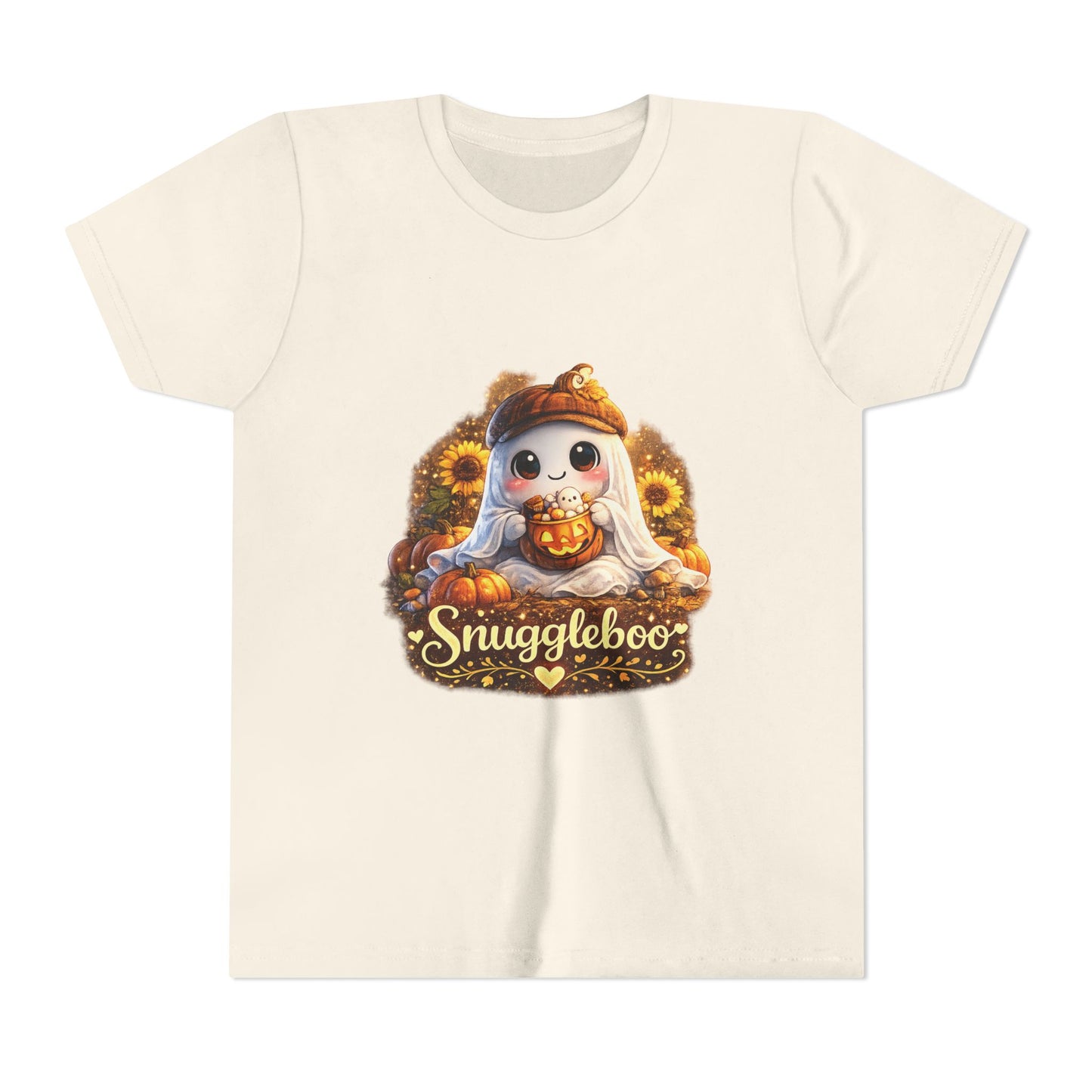Youth Tee — Cute Fall “Snuggleboo” Pumpkin Owl with Sunflowers