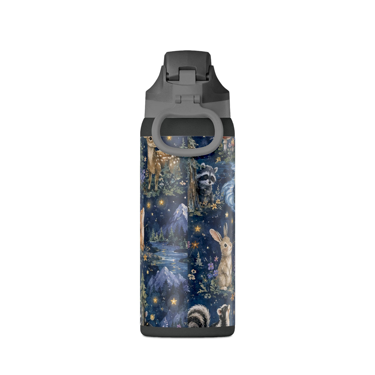 Insulated Water Bottle — Nighttime Forest Animals 32oz (Moon, Raccoon, Bunny)