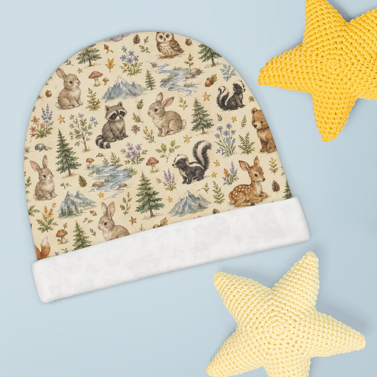 Baby Beanie — Woodland Animals Pattern Newborn Hat