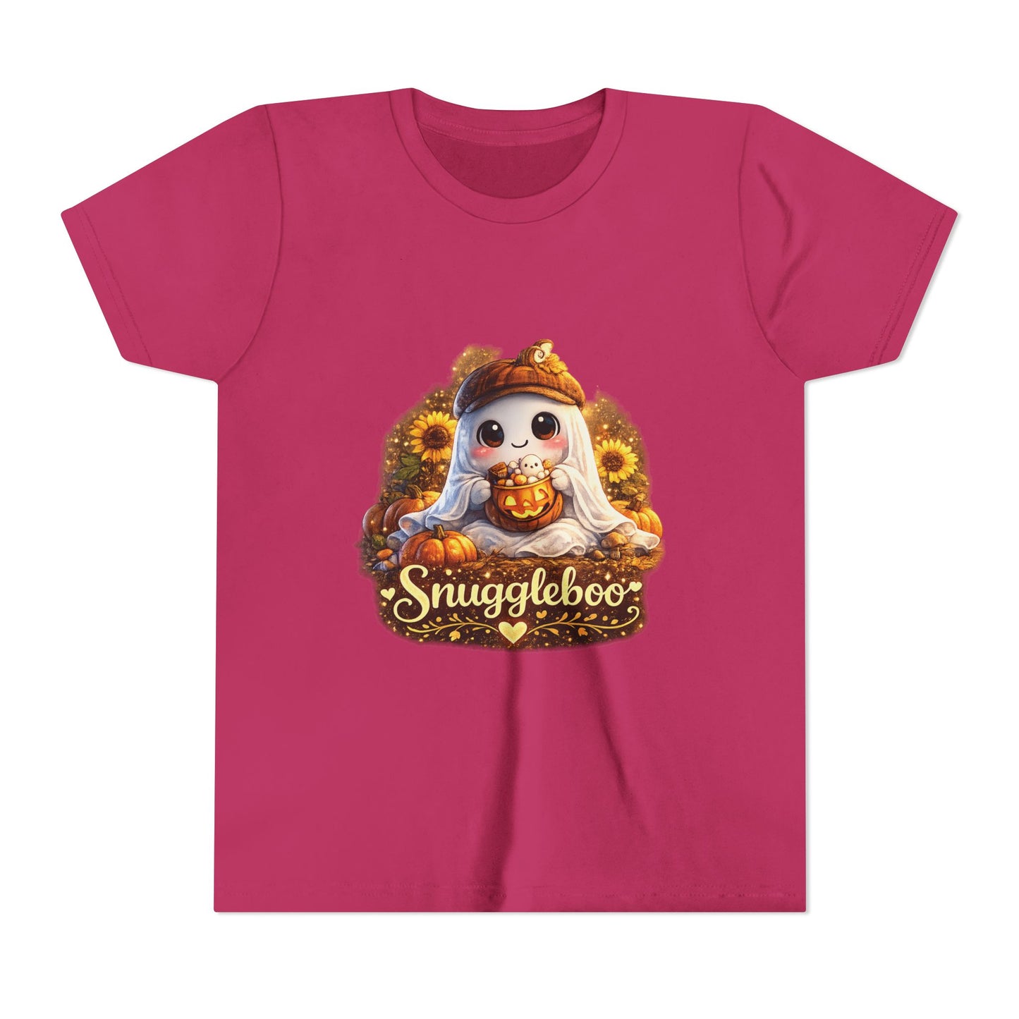 Youth Tee — Cute Fall “Snuggleboo” Pumpkin Owl with Sunflowers