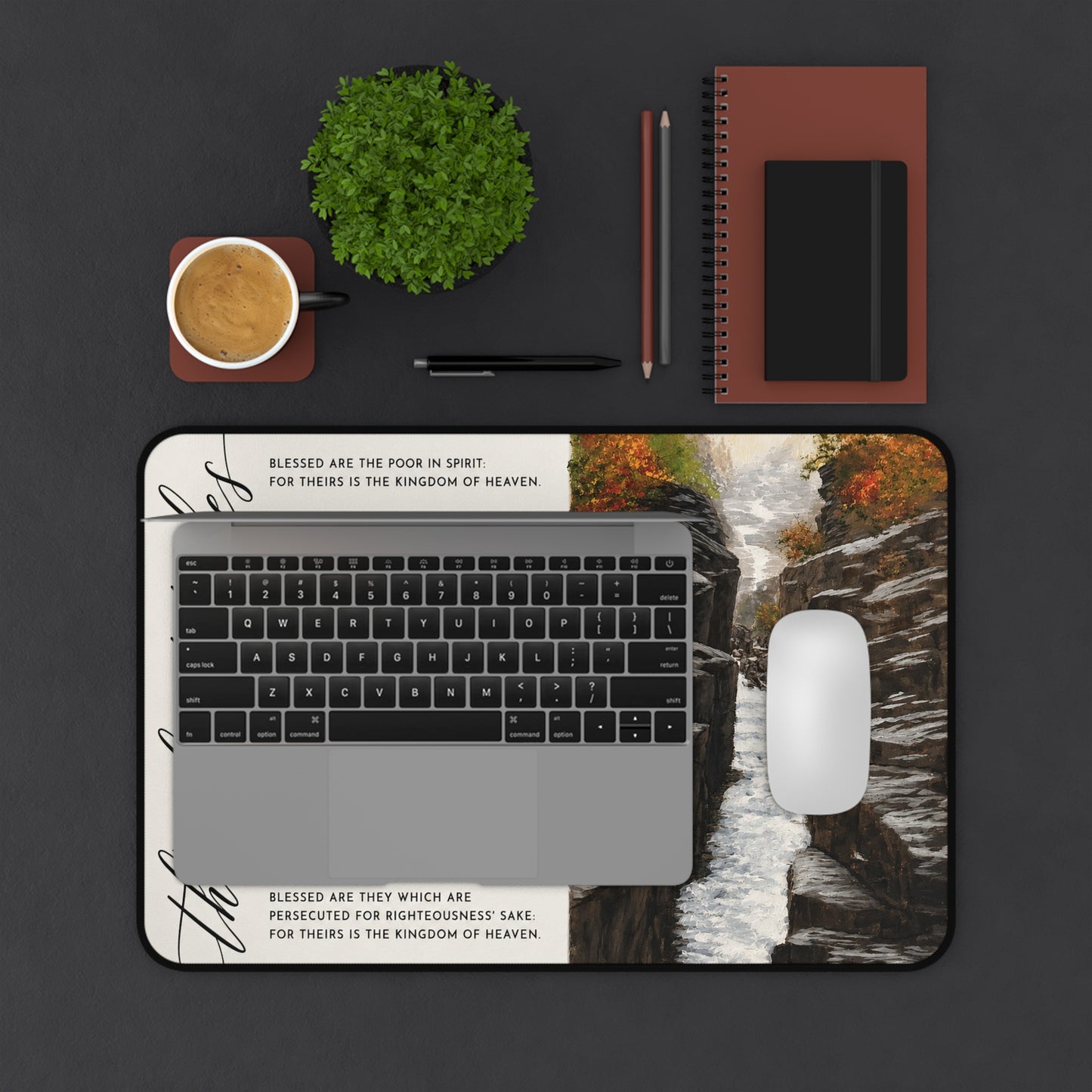 Blessed Are The Meek Desk Mat — Beatitudes Scripture Desk Pad with Waterfall Nature Art