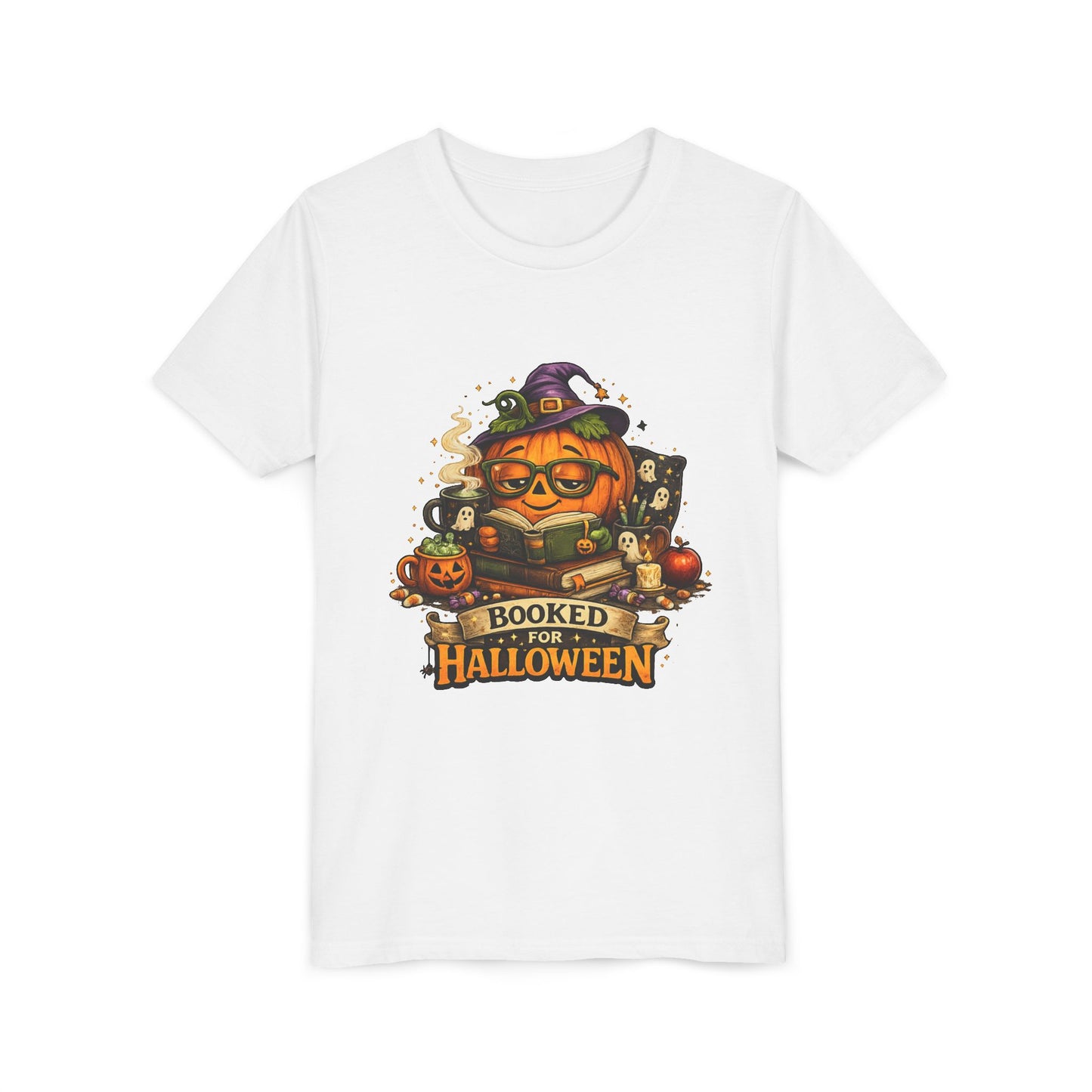 Youth T‑Shirt — "Booked for Halloween" Pumpkin Reading Graphic Tee