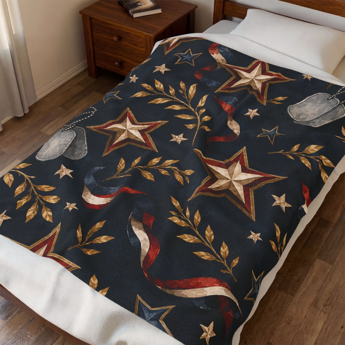 Patriotic Star & Dog Tag Velveteen Plush Blanket — American Flag Ribbon Throw for Veterans, Memorial Day & 4th of July