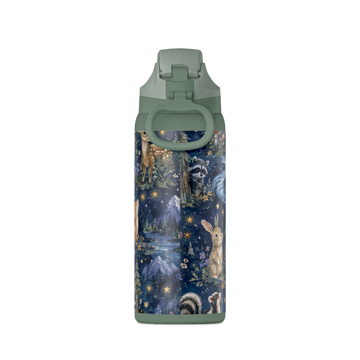 Insulated Water Bottle — Nighttime Forest Animals 32oz (Moon, Raccoon, Bunny)