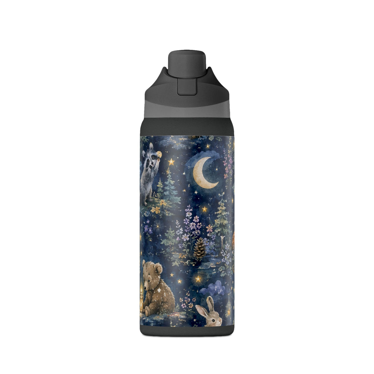 Insulated Water Bottle — Nighttime Forest Animals 32oz (Moon, Raccoon, Bunny)