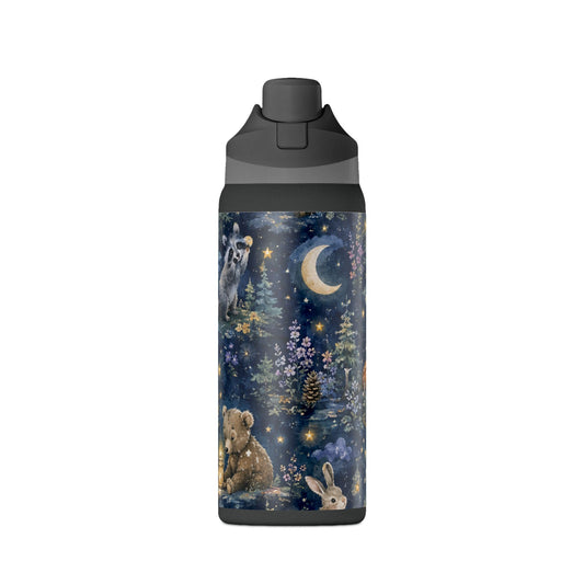 Insulated Water Bottle — Nighttime Forest Animals 32oz (Moon, Raccoon, Bunny)