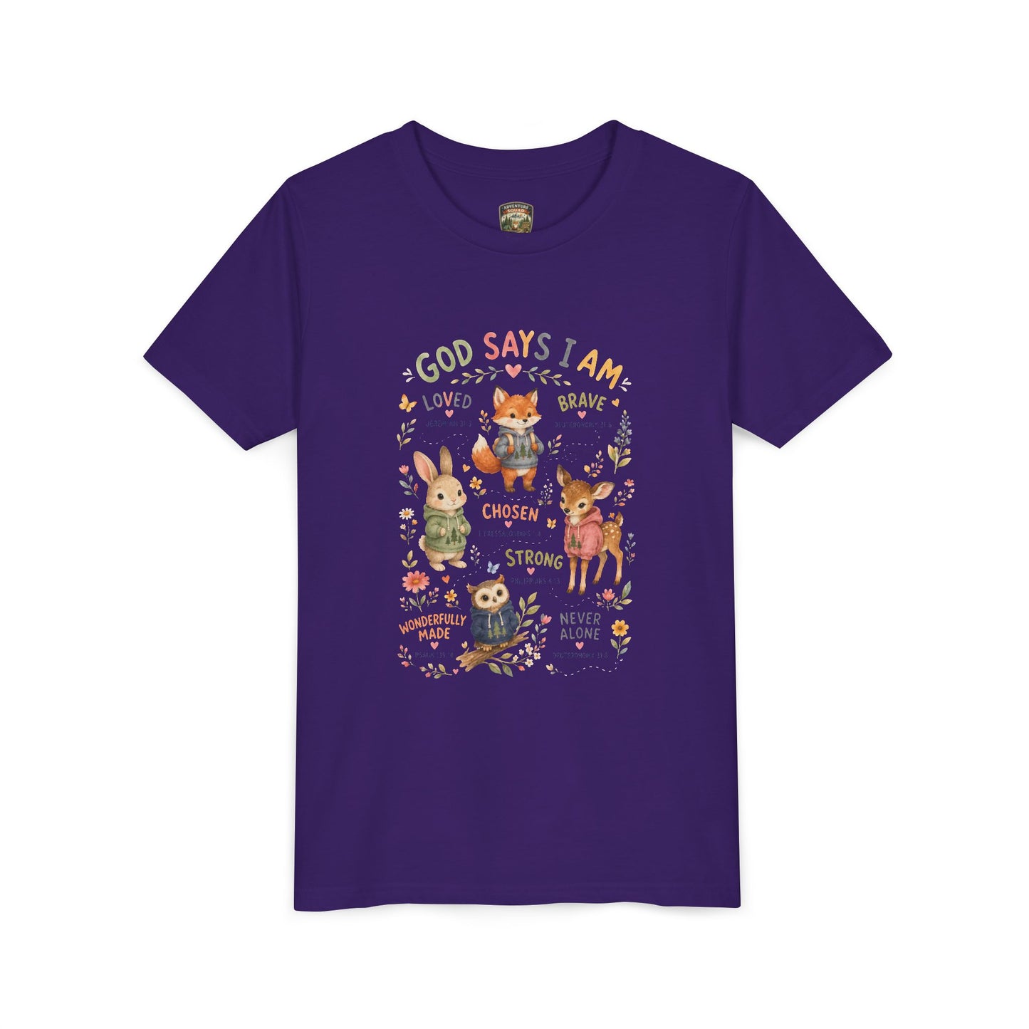 Christian Kids T-Shirt — "God Says I Am" Woodland Animals Inspirational Youth Tee