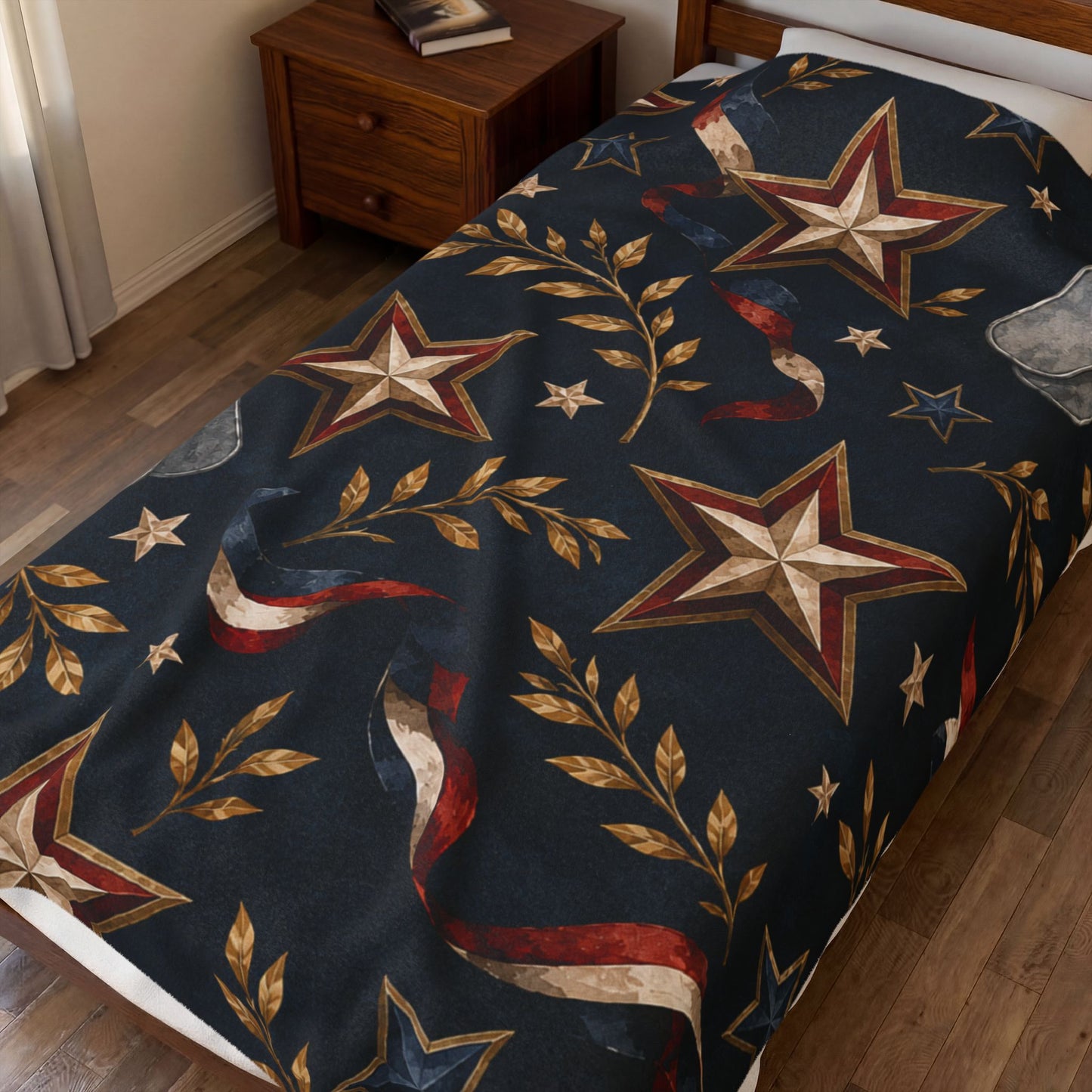 Patriotic Star & Dog Tag Velveteen Plush Blanket — American Flag Ribbon Throw for Veterans, Memorial Day & 4th of July