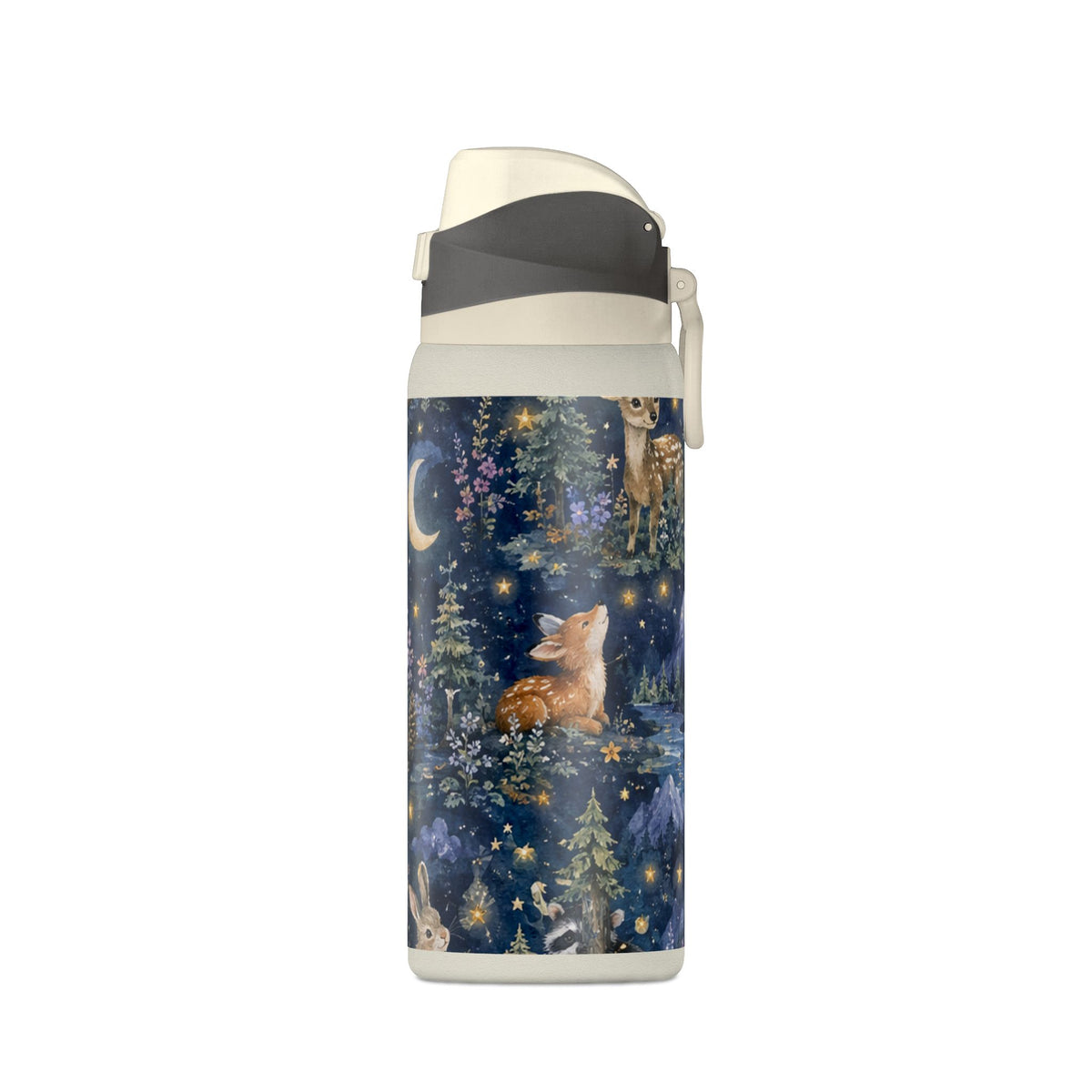 Insulated Water Bottle — Nighttime Forest Animals 32oz (Moon, Raccoon, Bunny)