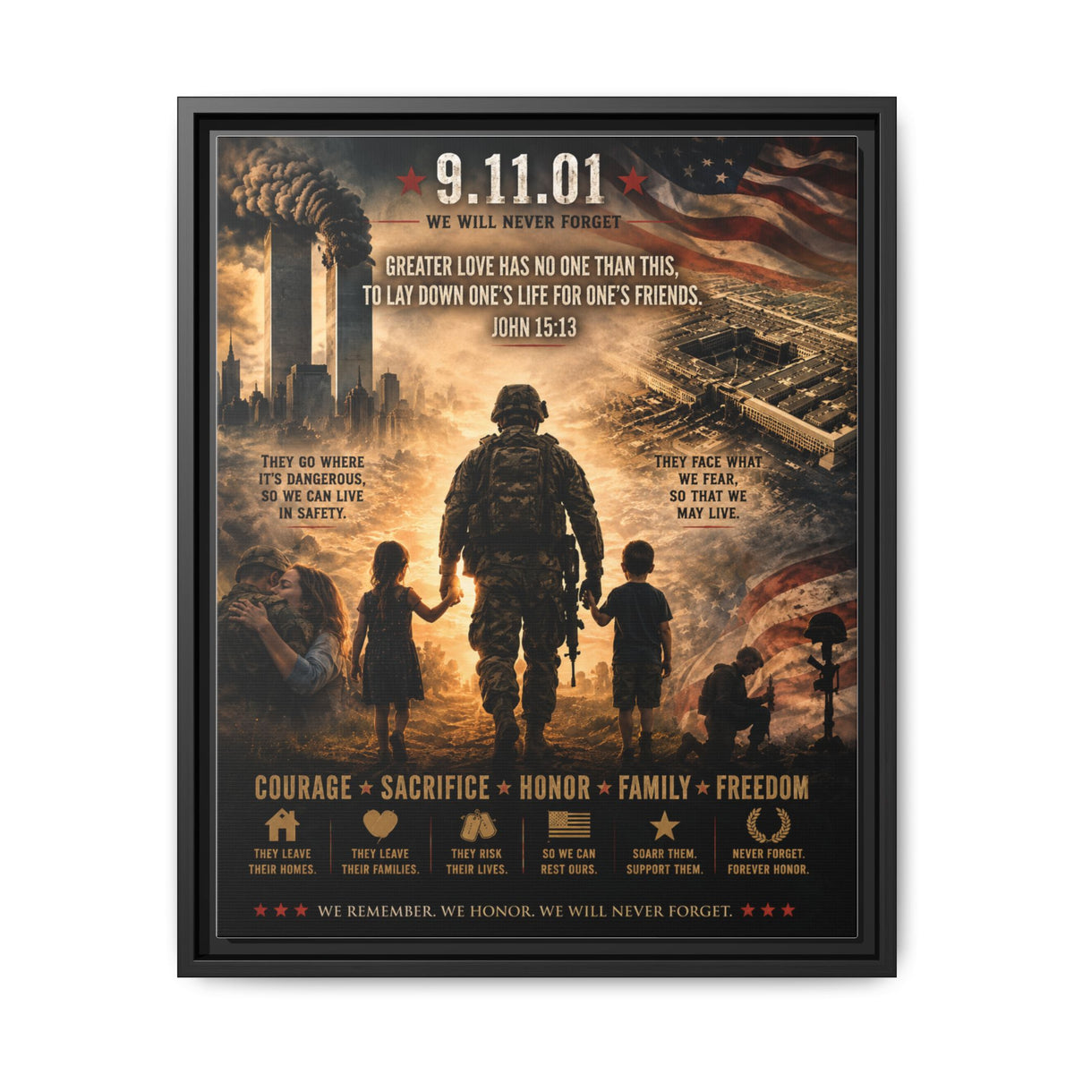 We Will Never Forget – 9/11 25th Anniversary Military & Family Memorial Framed Canvas