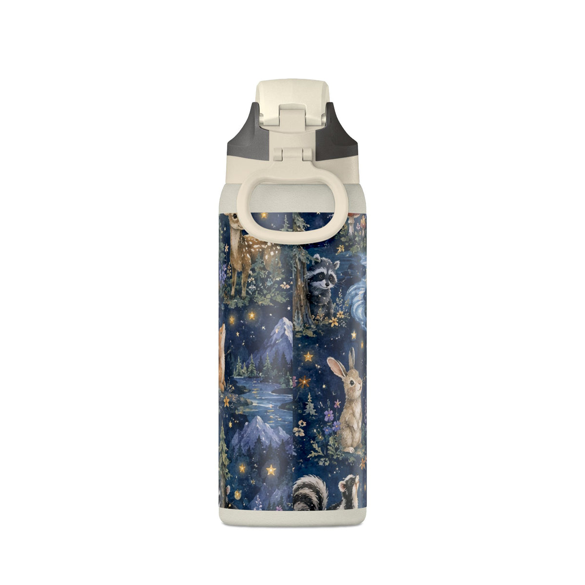 Insulated Water Bottle — Nighttime Forest Animals 32oz (Moon, Raccoon, Bunny)